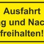 Gelbes Warnschild: Ausfahrt Tag und Nacht freihalten, 25x15 cm.