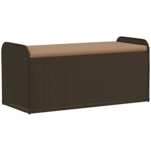 Braune vidaXL Gartenbank mit Stauraum und beigem Kissen aus Poly Rattan, 115x51x52 cm.