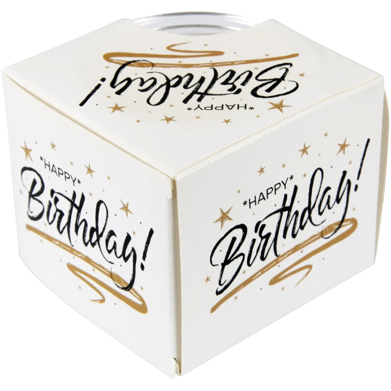 6er Pack Duftkerzen 'Happy Birthday' im weißen Dekowürfel mit goldenen Sternen.