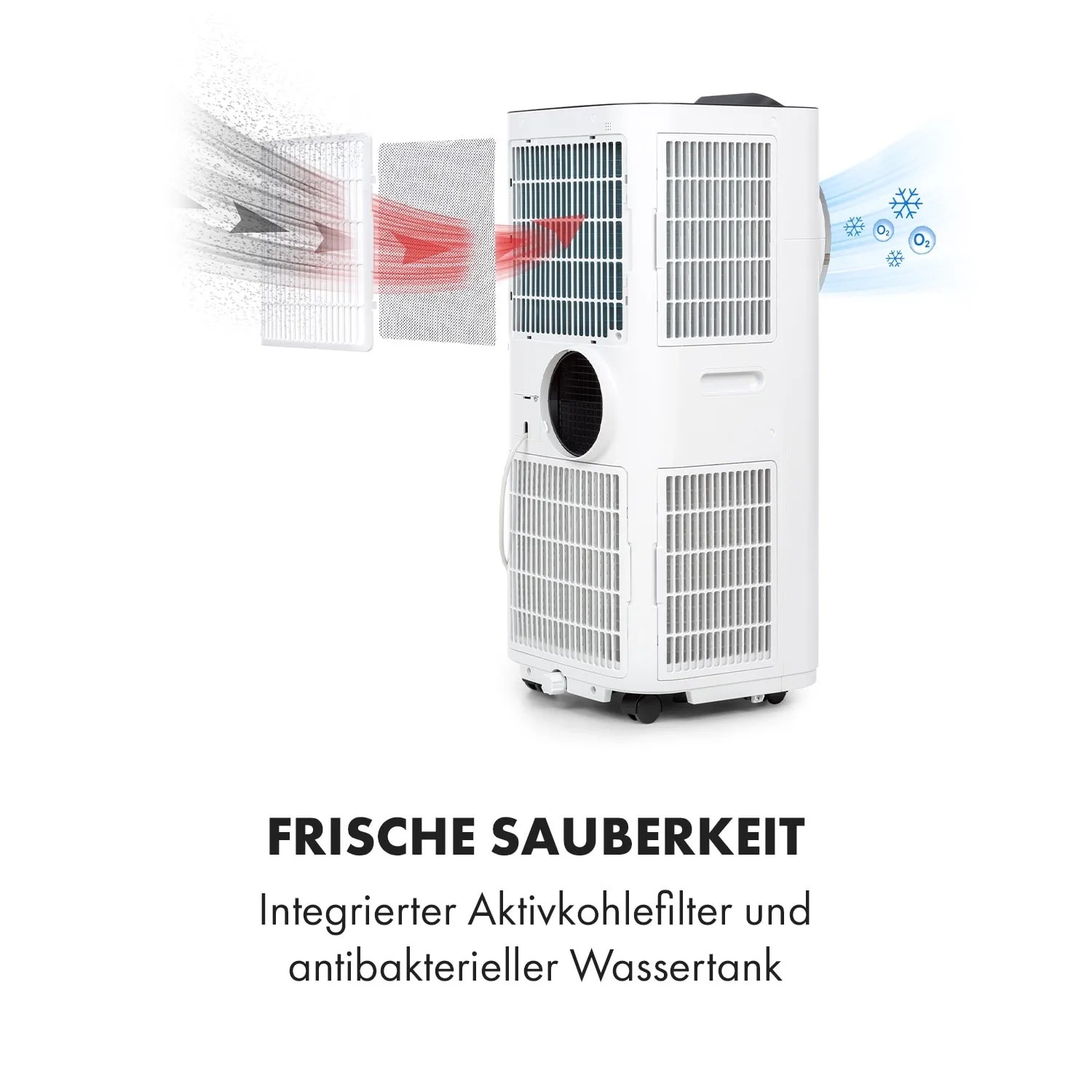 Weisse Klarstein Klimaanlage Kraftwerk Smart 12K mit Luftfilter und Luftstrom.