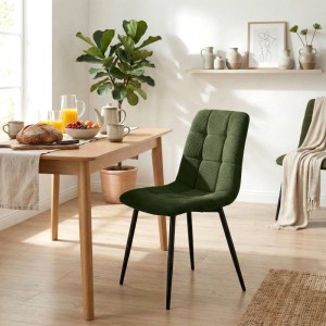Grüner Cord Esszimmerstuhl Antibes im 2er Set mit schwarzem Metallgestell in modernem Esszimmer.