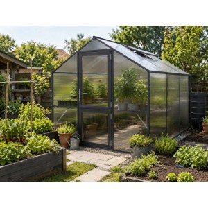 KGT Gewächshaus Rose Anthrazitgrau im Garten mit Pflanzen. Rechteckig, Dachfenster offen, Tür, Doppelstegplatten.