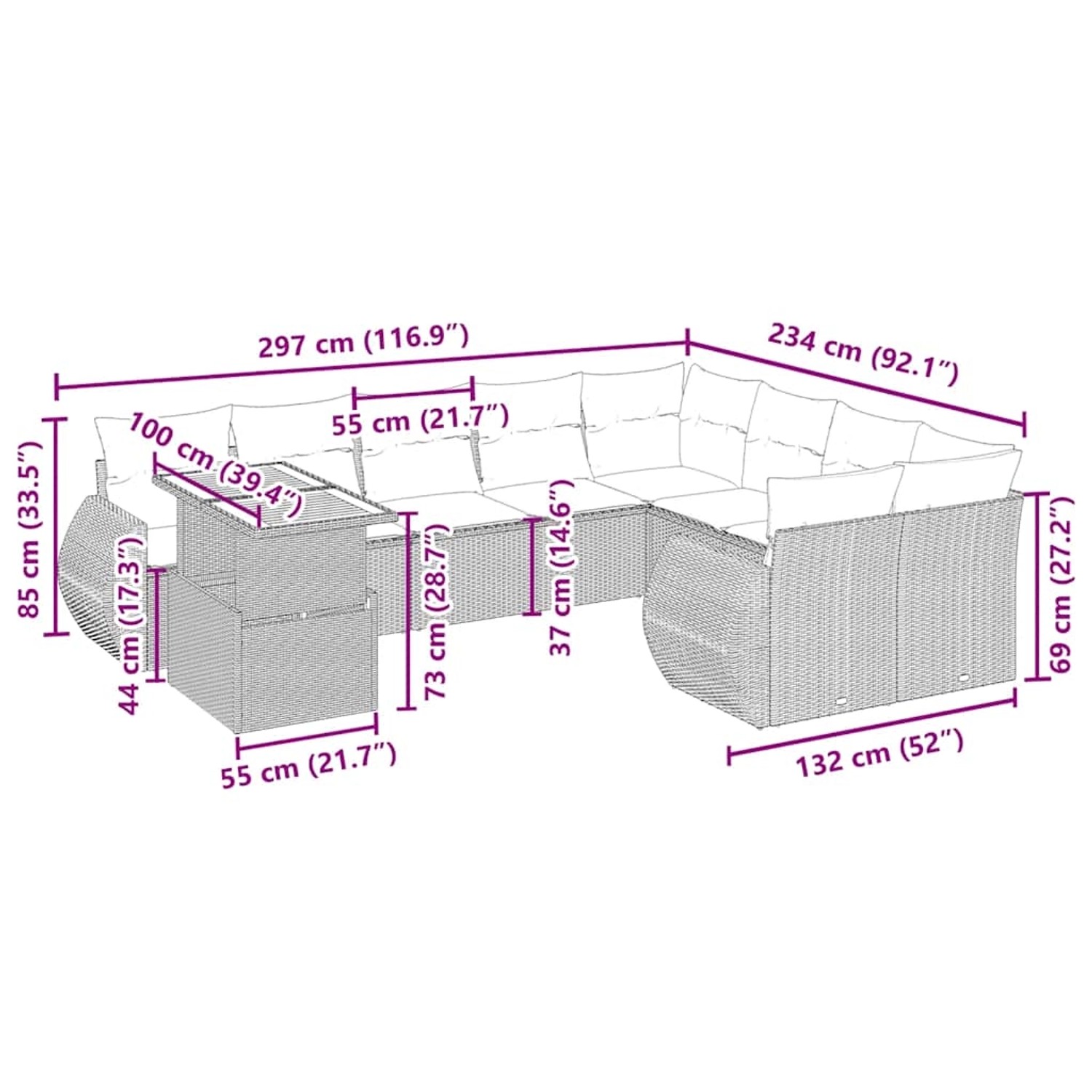 Beige 10-tlg. Garten-Sofagarnitur aus Rattan mit Kissen. Gartenmöbel für Terrasse und Garten.