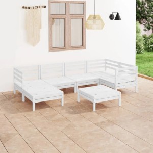 7-teiliges Garten-Lounge-Set aus Kiefernholz, weiß lackiert, bestehend aus Sofas, Hockern und Tisch.