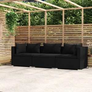 Schwarzes vidaXL 3-Sitzer Gartensofa aus Rattan mit Kissen unter einer Pergola.
