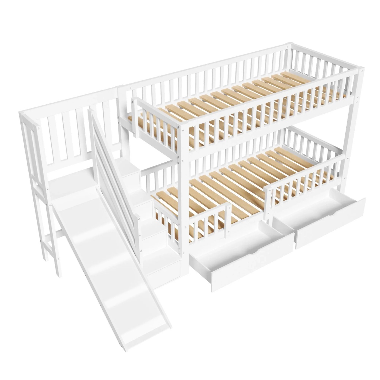 okwish Etagenbett 90x200cm mit Rutsche und Treppe Kinderzimmer Weiß ohne Matratze