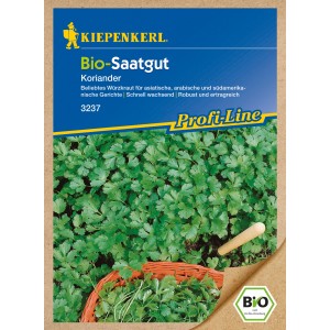 Kiepenkerl Bio Koriander Samenpackung mit Korianderpflanze im Detail.