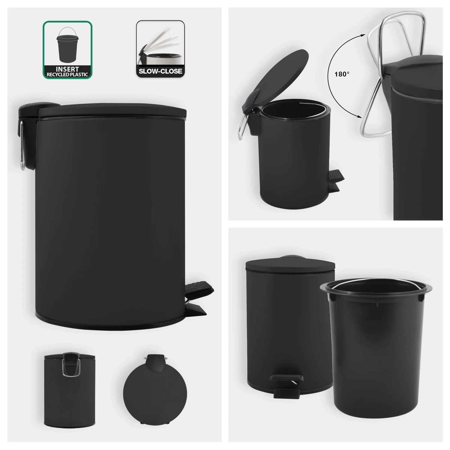 Spirella Kosmetikeimer Adelar, 5 l, mattschwarz, mit Pedal und Slow-Close-Deckel.
