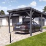 Anthrazitgrauer Holzbrüder Einzelcarport Ralf mit Blechdach und Auto. Ideal als Unterstellmöglichkeit.