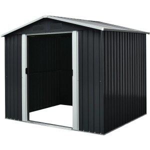 Pergart Metall-Gerätehaus Düsseldorf, grau-creme, 3,66 m², mit offener Tür.