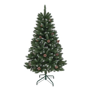 Künstlicher Tannenbaum Kiefer Blavand, 150 cm, mit Schnee und Zapfen auf grünem Metallständer.