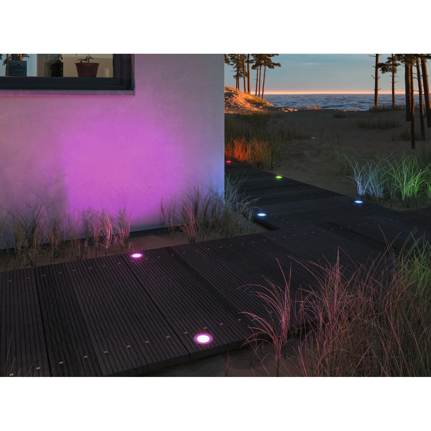 Paulmann Plug & Shine LED-Bodeneinbauleuchten RGBW beleuchten Terrasse und Fassade farbig.