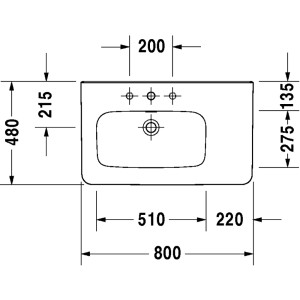 Technische Zeichnung Duravit DuraStyle Möbelwaschbecken, 80 cm, weiß, mit Hahnloch und Becken links.