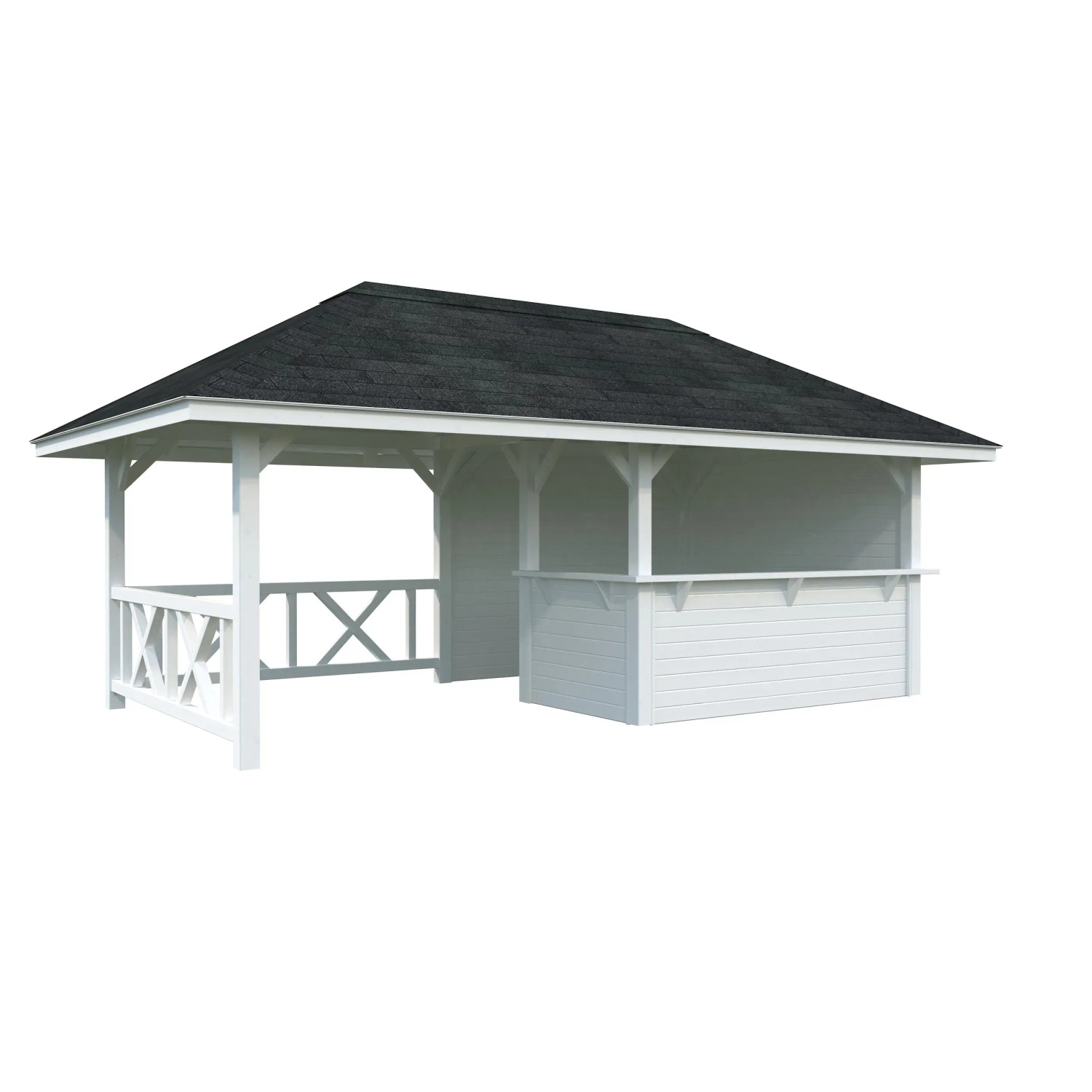 Palmako Pavillon Bianca Set 110, 588x300 cm, lackiert weiß, mit Ecktresen und zwei Wänden.