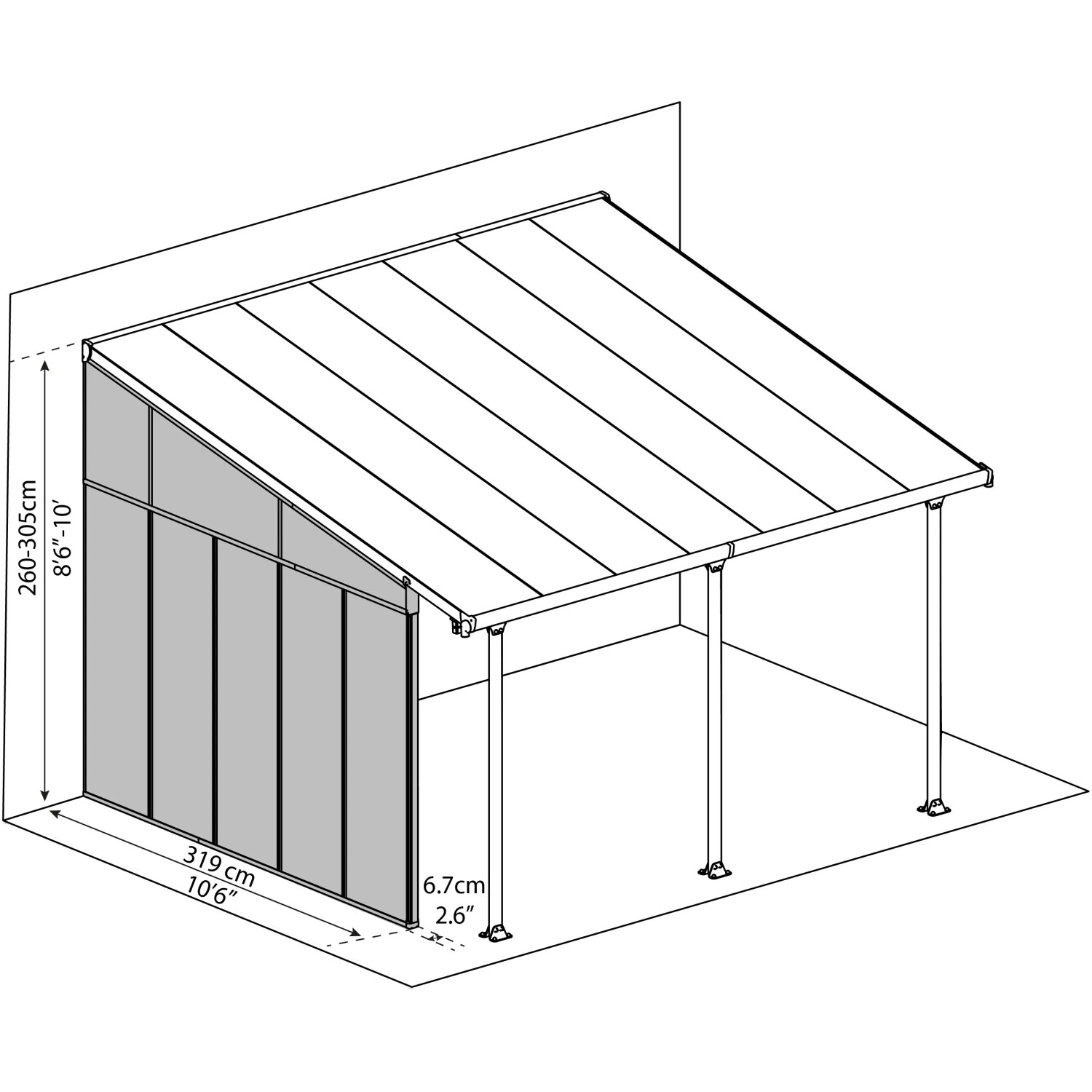 Palram Canopia Seitenwand 4 m, anthrazit, für Terrassenüberdachung, Maße und Details in der Schemazeichnung.