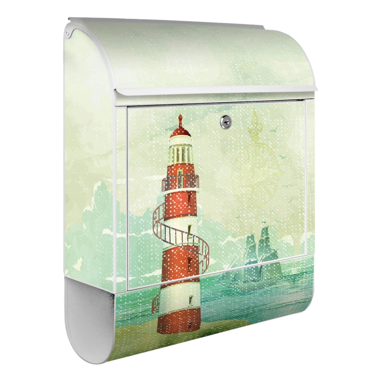 Weißer Banjado Briefkasten mit Leuchtturm-Motiv und Zeitungsfach. Wandbriefkasten aus pulverbeschichtetem Stahl.
