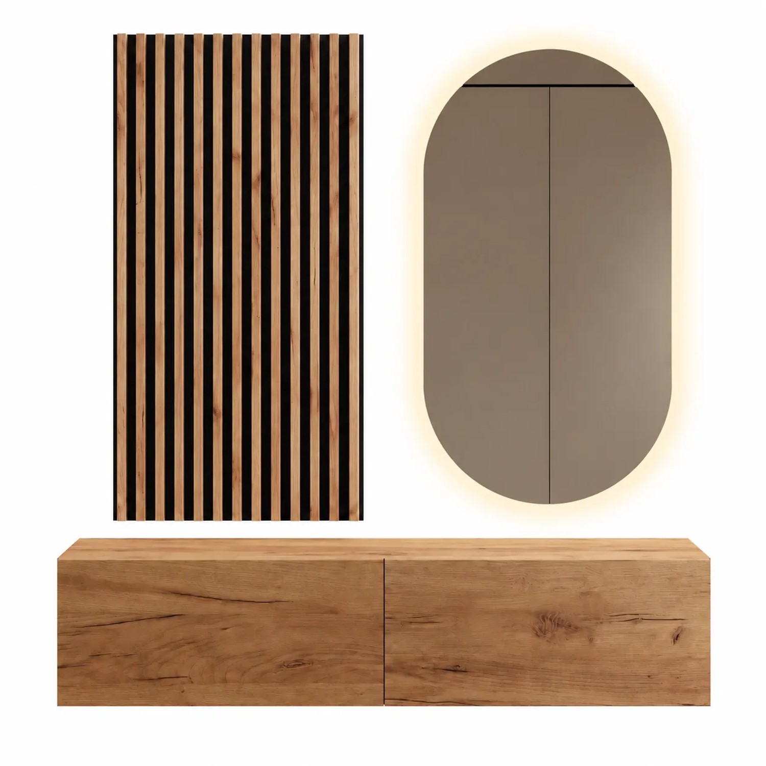 Planetmöbel Flurgarderobe Set 140 cm Gold Eiche mit Wandpaneel und LED Spiegel Dimmbar