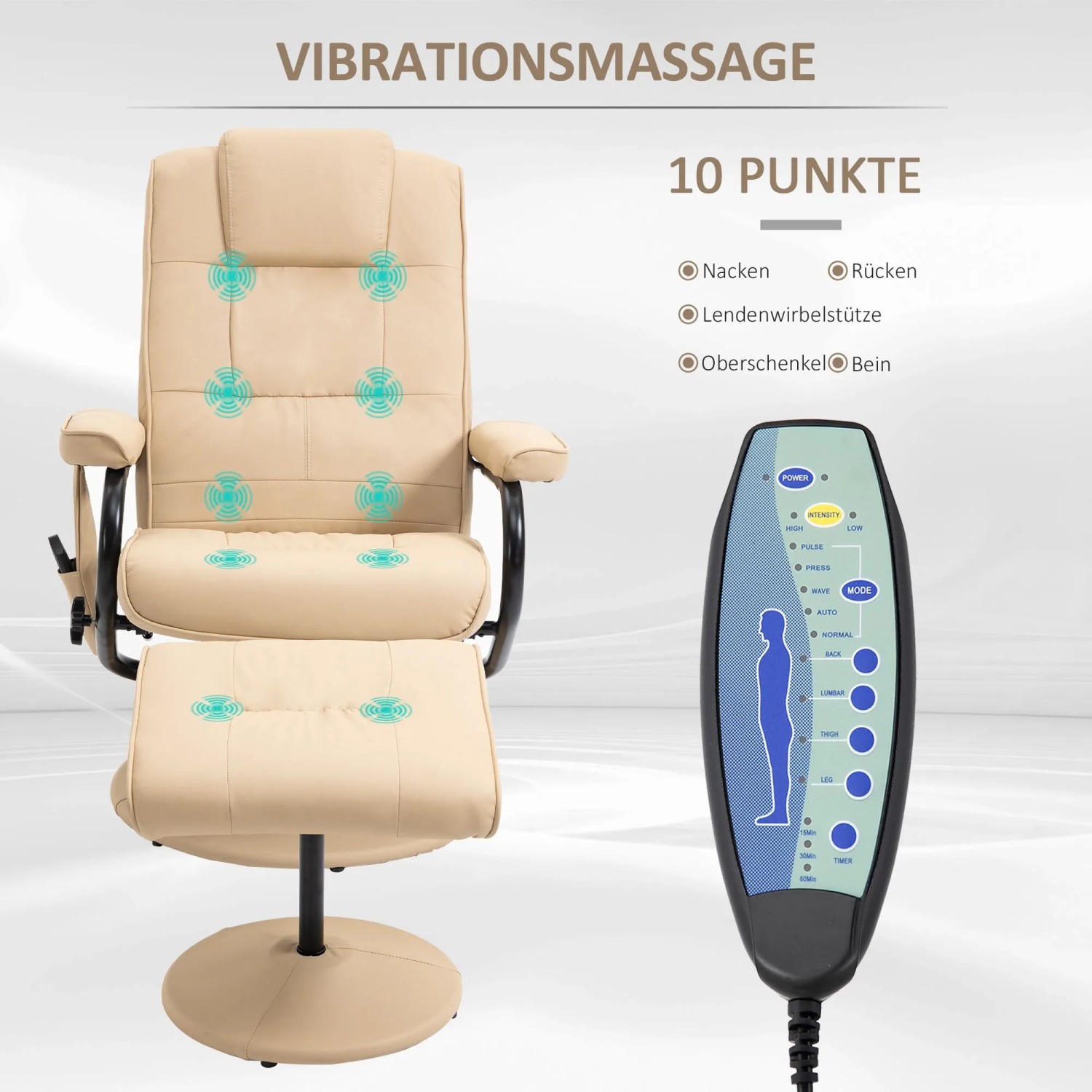 Cremefarbener HOMCOM Massagesessel mit Hocker, elektrischer Liegefunktion und Fernbedienung. Zeigt 10 Vibrationsmassagepunkte.