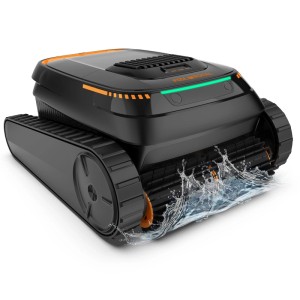 POOL ROYAL Akku-Poolroboter PR10, ein Poolreiniger mit Raupenantrieb in Schwarz und Orange.