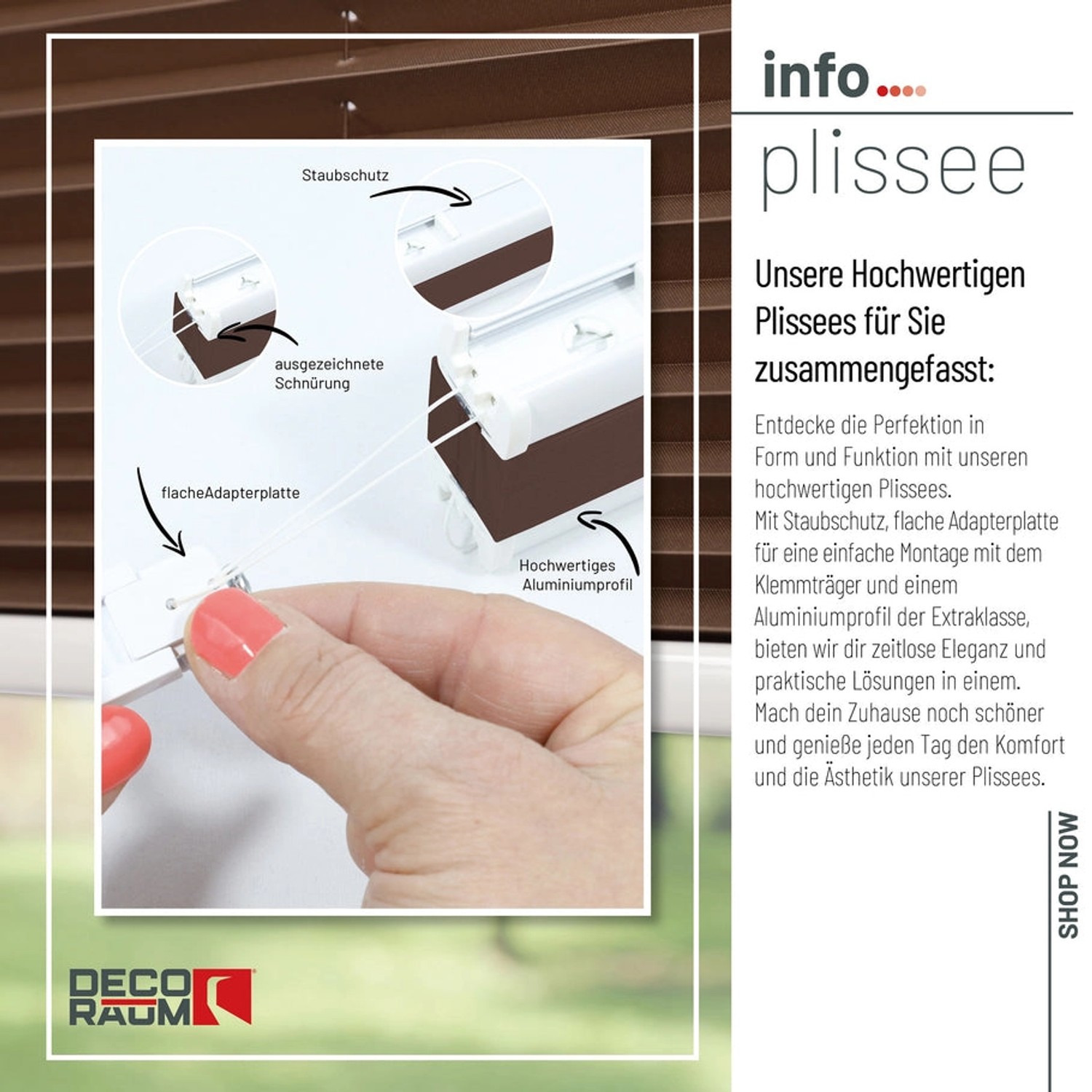 Braunes Deco-Raum Plissee Basic 50x150cm ohne Bohren mit Klemmfix-System für Fenster.