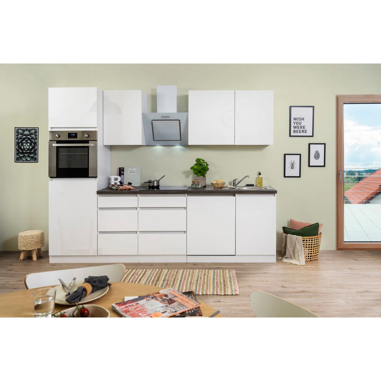 Respekta Premium Küchenzeile/Küchenblock 280 cm Grifflos Weiß Hochglanz