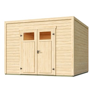 Weka Gartenhaus Batu 3, naturbelassen, mit Flachdach und Doppeltür. Holz-Gartenhaus im modernen Design.