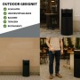 Schwarzer zylindrischer Abfalleimer mit Aschenbecher aus pulverbeschichtetem Metall für den Outdoor-Einsatz.