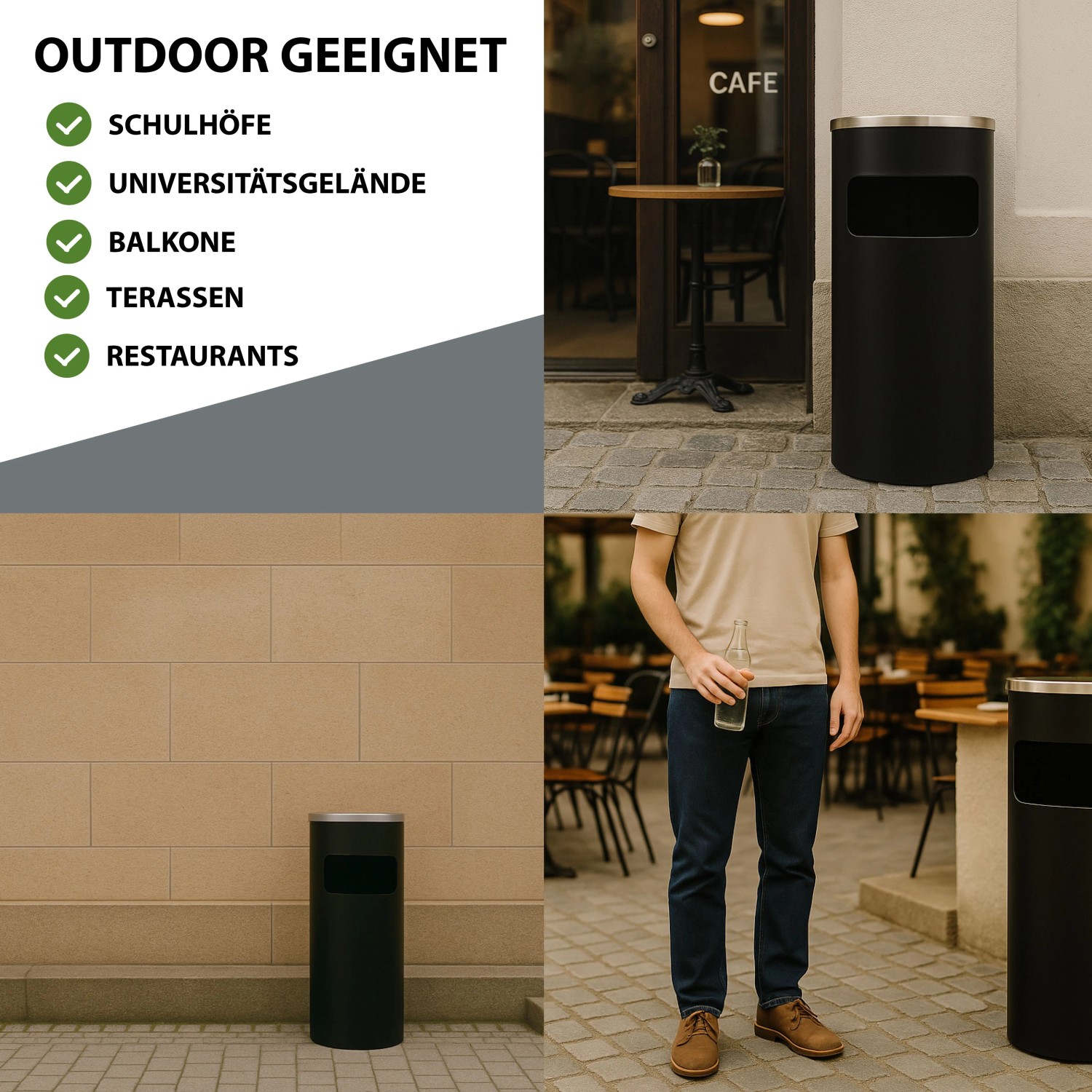 Schwarzer zylindrischer Abfalleimer mit Aschenbecher aus pulverbeschichtetem Metall für den Outdoor-Einsatz.