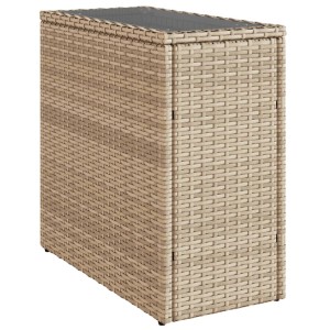 Beiger vidaXL Garten-Beistelltisch mit Glasplatte und Poly Rattan, 58x27,5x55 cm.