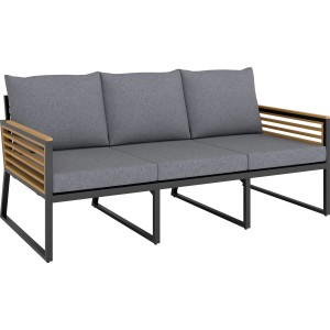 Loungegruppe Folkston: 3-Sitzer Sofa mit grauen Kissen, Aluminiumrahmen und Akazienholz-Armlehnen.
