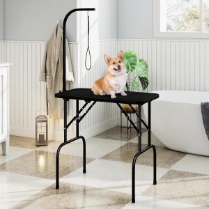 Costway Hundepflegetisch, klappbar, schwarz, mit Corgi Hund. Ideal für die Hundefellpflege.