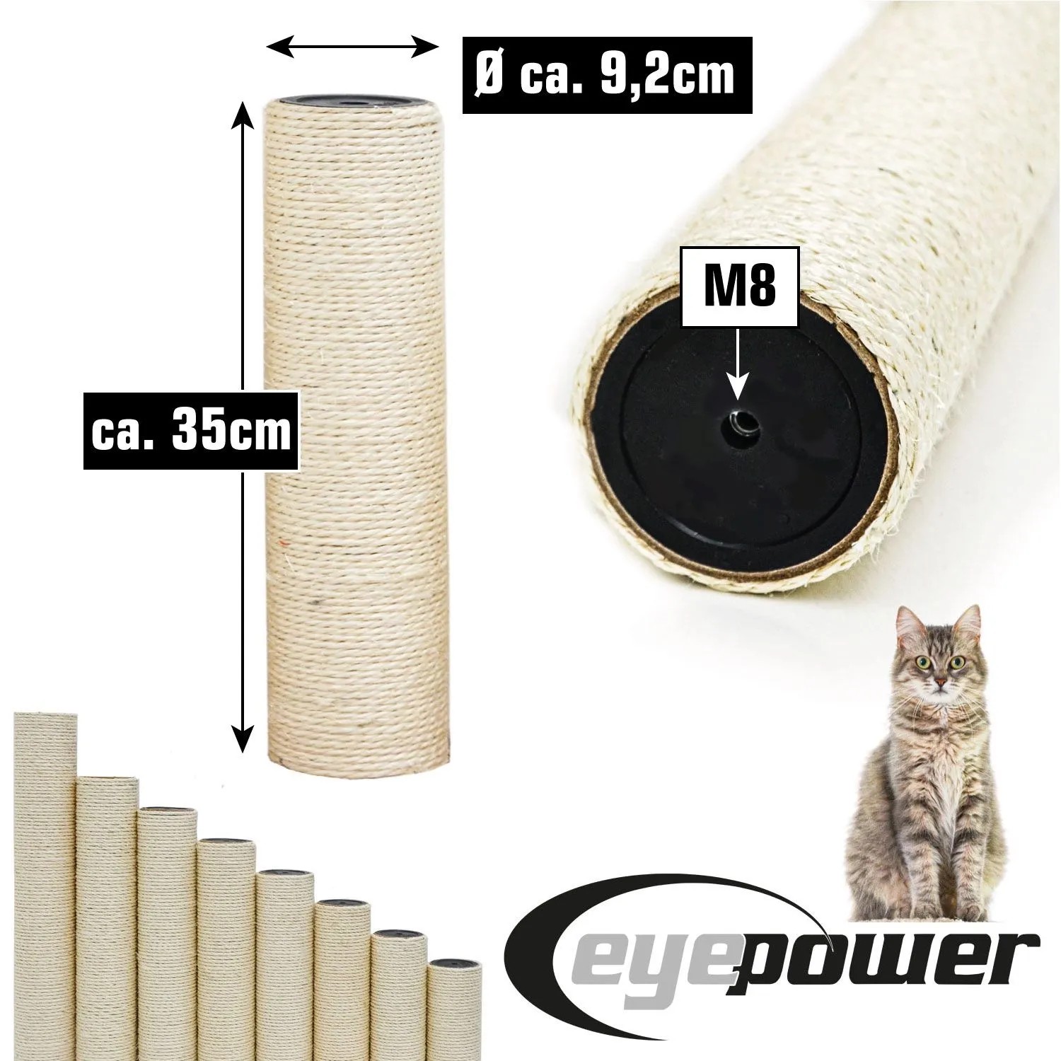 Ersatz-Sisalstamm für Katzen-Kratzbaum, 35 cm lang, Ø 9,2 cm, mit M8 Gewinde. Natursisal für Katzenkrallen.