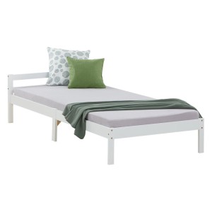 Weißes Kiefernholz-Einzelbett 90x200 cm mit Lattenrost. Schlichtes Design, abgerundete Kanten.