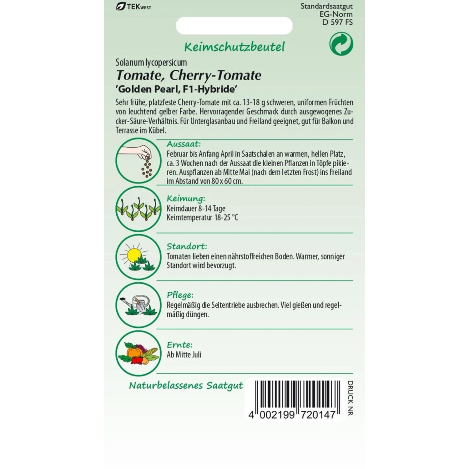 Samenpackung Cherry-Tomate Golden Pearl F1, gelbe Tomatensorte.