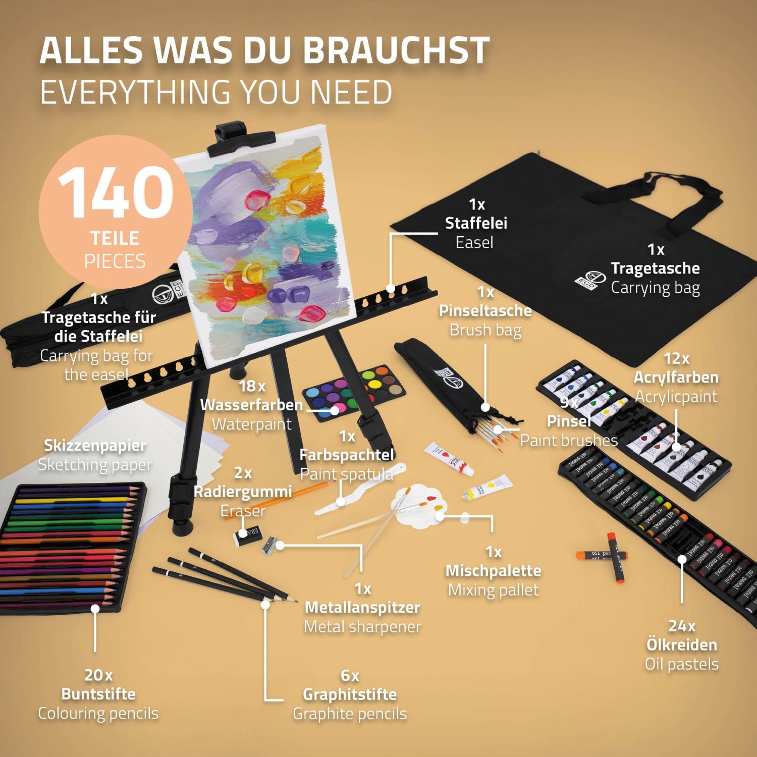 ECD Germany 140-teiliges Malset mit Staffelei, Farben, Pinseln und Zubehör.