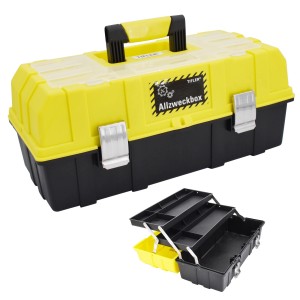 Tifler Allzweckbox Werkzeugkasten mit Fächern, gelb/schwarz, geöffnet und geschlossen.