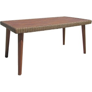 Rechteckiger, brauner Gartentisch Carson von Garden Pleasure mit Holzbeinen und Rattan-Umrandung.