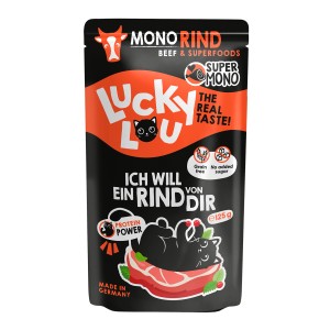 Lucky Lou Katzen-Nassfutter SuperMono Rind, 125g Packung. Alleinfutter mit Rind und Superfoods für Katzen.