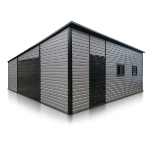 Liderstal Einzelgarage Basic aus Aluminium-Blech, graphitfarbenes Schwingtor, Seitentür, Fenster, Pultdach.