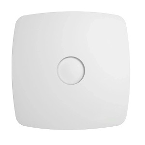 Weißer VLANO Badventilator ENSO 100 TH mit Feuchtigkeitssensor, quadratische Form, Frontansicht.