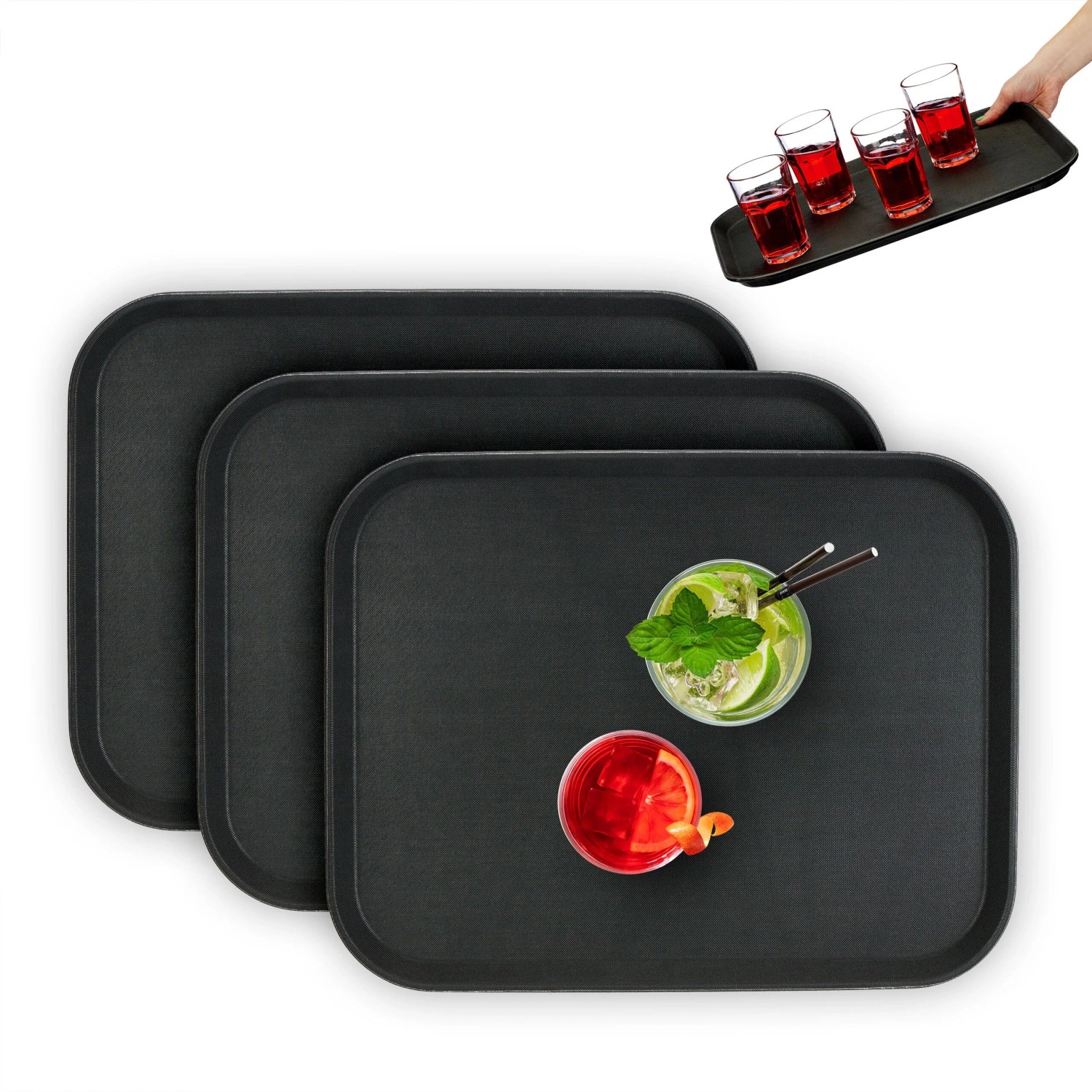 Relaxdays Serviertablett 3er Set Kunststoff Gummi Schwarz Rutschfest Stapelbar 46 cm x 35 cm x 2 cm 0,8 kg