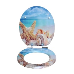 Sinobath WC-Sitz oval mit Absenkautomatik. Strand-Design mit Seestern, Muscheln und blauem Meer. Robust.