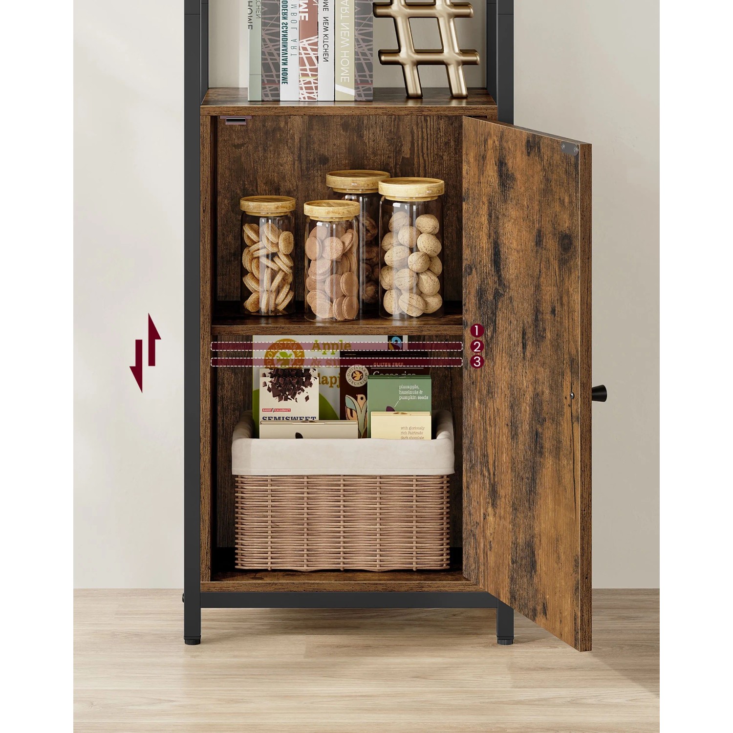 Vasagle Bücherregal, 159,5 cm hoch, braun-schwarz, mit offenem Schrankteil und Lebensmitteln.