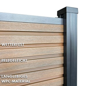 Detailaufnahme: KARAT WPC Sichtschutzzaun Kronos in Teak mit Aluminiumpfosten. Gartenzaun Komplettset.