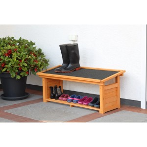 Holz Schuhregal/Bank (L119 cm) mit Schuhen und Stiefeln. Ideal für Garten und Eingangsbereich.