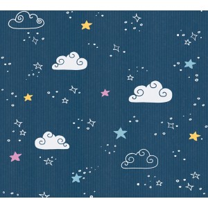 Vliestapete mit Wolken und Sternen in Blau/Weiß für Kinderzimmer.