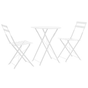 Weißes 3-tlg. vidaXL Bistro-Set aus Stahl, bestehend aus Tisch und zwei Stühlen, ideal für Garten und Balkon.