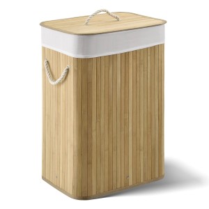Rechteckiger Juskys Bambus Wäschekorb Curly mit Deckel, Wäschesack und Tragegriffen.