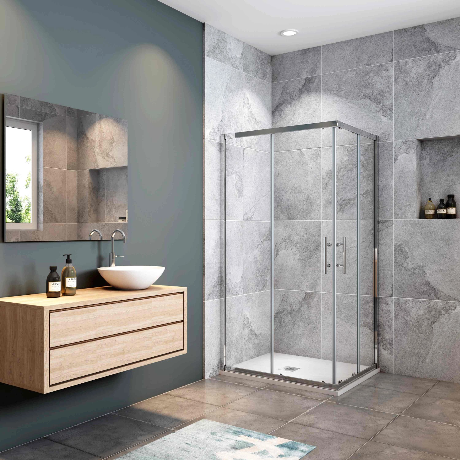 AICA Schiebetür Dusche 90x70cm mit Eckeinstieg und Sicherheitsglas in modernem Badezimmer.