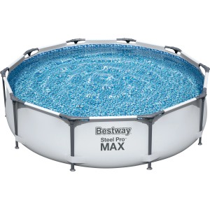 Bestway Stahlrahmen-Pool Set Steel Pro Max, Ø 305 cm, hellgrau, mit Wasser und Stahlrahmen.